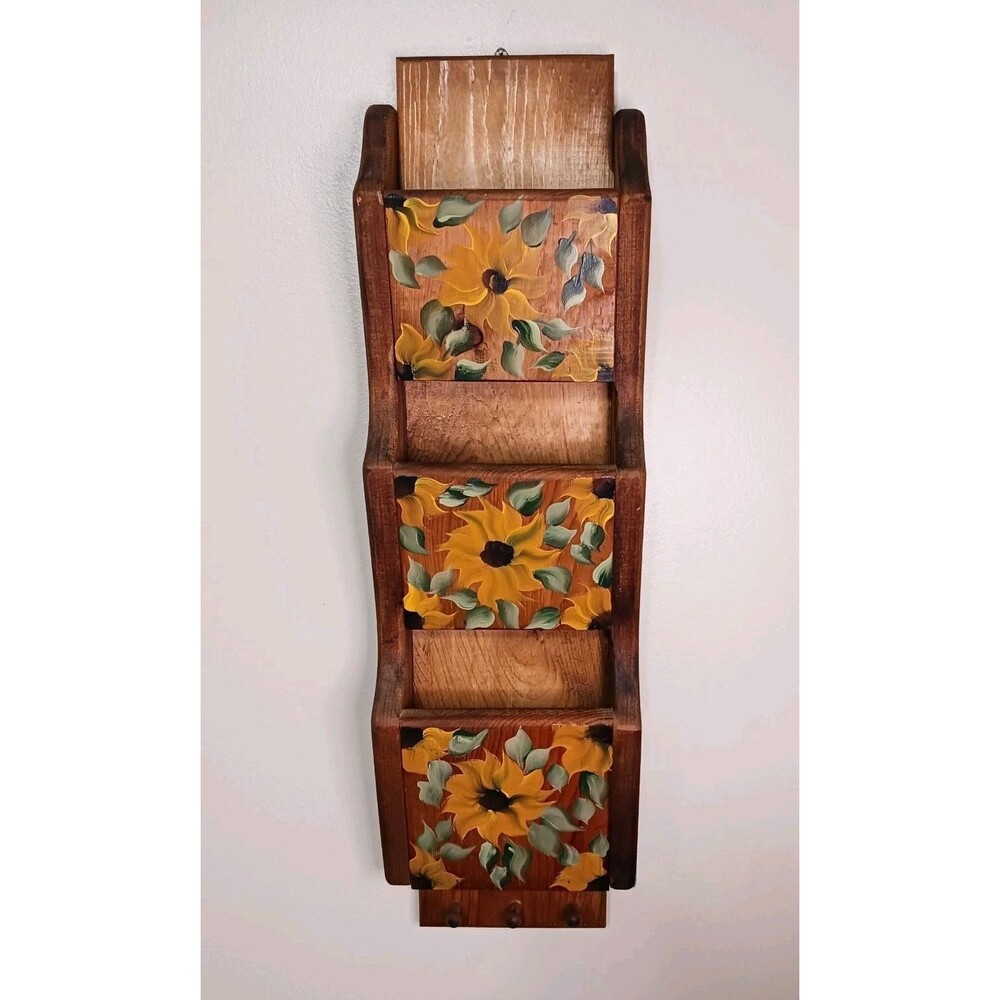 Vintage Carved Wood Sunflower Mail Holder Key Rack Wall Hanging Organizer 1980's